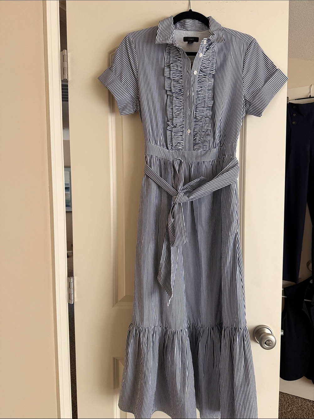 J. Crew Navy and White Striped Midi Shirt Dress